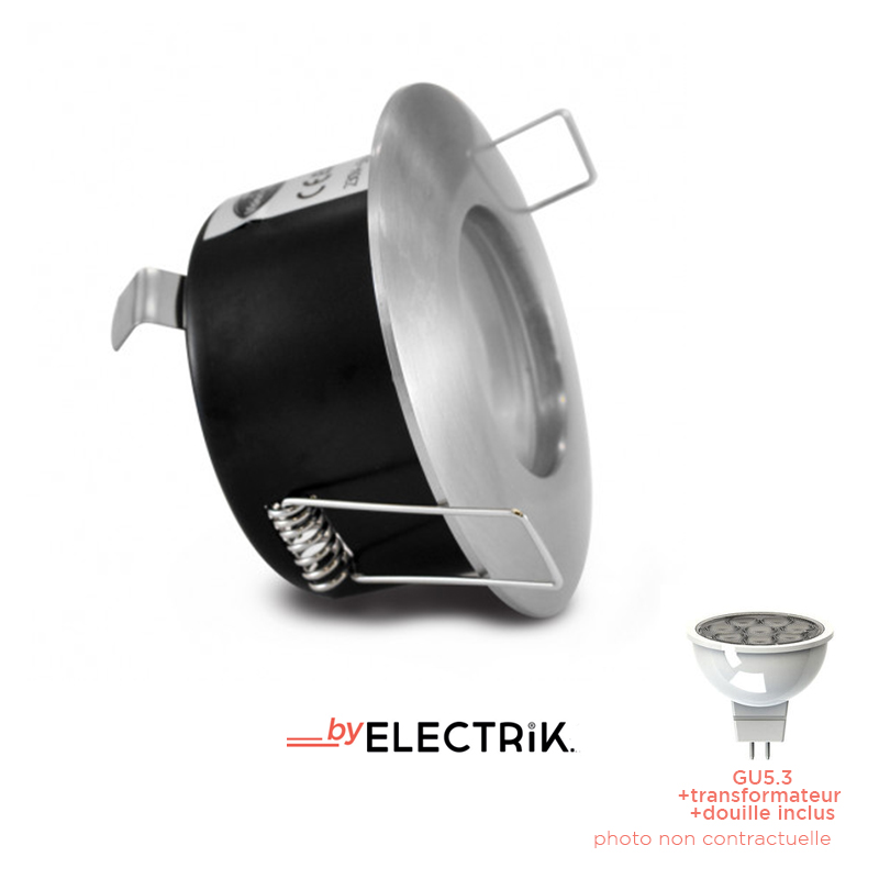 Kit spot étanche aluminium brossé 12V GU5.3 + lampe LED 8W 4000K dimmable